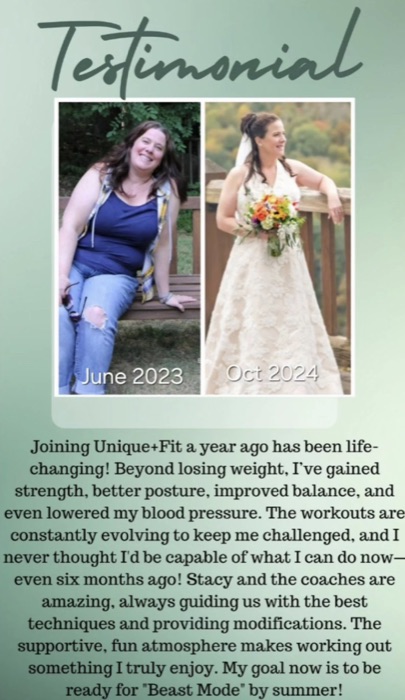 Member before and after photo, ending at her wedding